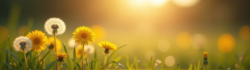 Many yellow flowers in the grass with the sun in the background