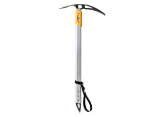 Silver ice axe for mountaineering and climbing isolated on transparent background