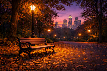 Park bench with autumn leaves and city skyline at sunset