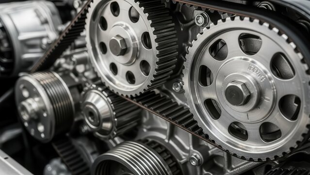 Close-up of a car engine timing belt system with gears and pulleys