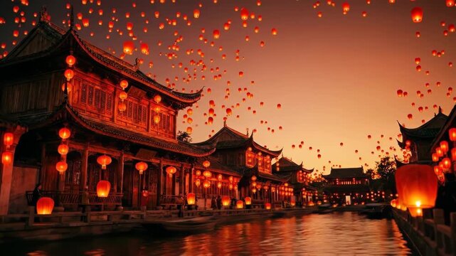 Serene Evening With Floating Lanterns and Traditional Architecture Against Sunset Sky