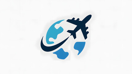 Airplane flying around the earth in a stylized blue graphic