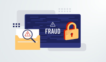 Fototapeta premium Digital fraud alert and phishing detection. Minimalist flat vector for cybersecurity and data safety. Featuring an orange lock and email scan elements, ideal for tech support, anti-phishing services