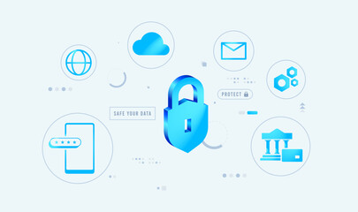 Naklejka premium Integrated cybersecurity network. Minimalist 3D padlock with digital cloud and banking safety icons. cybersecurity ecosystem featuring a central 3D padlock with cloud, banking, and mobile data icons. 