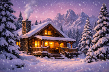 Log cabin with golden lights in snowy mountains at twilight