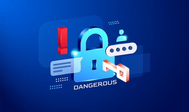 Dangerous Security Alert and Cyber Threat 3D Illustration. Futuristic padlock and key for cybersecurity risk management. lock and warning symbols, perfect for cybersecurity apps, login safety, and web
