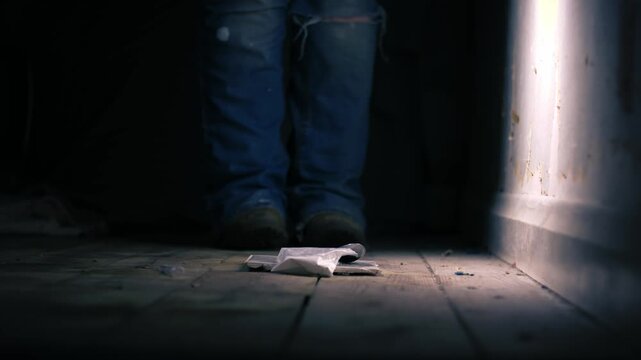 Addict throws bag of Illegal drugs to floor in abandoned house