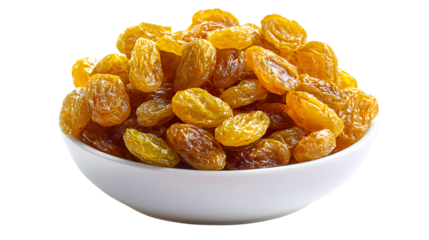 A bowl of golden brown raisins on a white surface isolated on transparent background