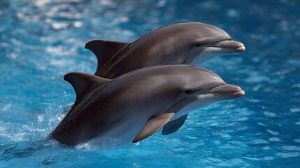 Fototapeta premium Two dolphins leaping from sunlit blue water creating dynamic splashes