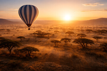 Hot air balloon over african savanna at golden hour