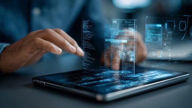 Medium shot of a developer implementing encryption protocols on a tablet to safeguard search portal user information from unauthorized access.