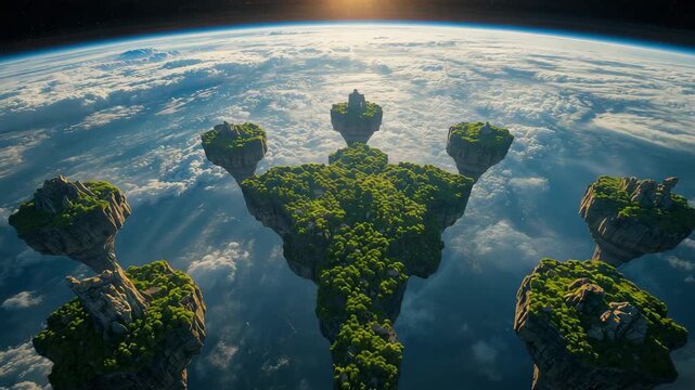 Zooming camera revealing floating island in orbit over curved horizon, showing ruin and five islets