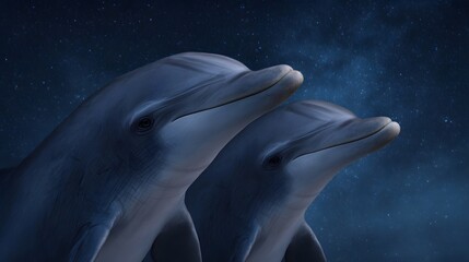 Fototapeta premium Two serene dolphins swim beneath a vast star filled night sky