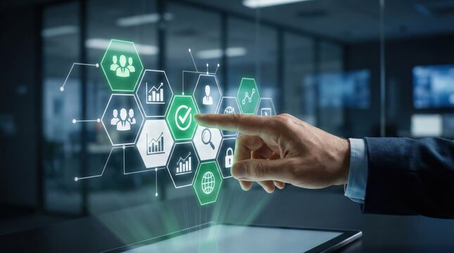 Businessman selecting virtual screen with digital strategy icons,showing decision making,project management,teamwork and analytics tools in a futuristic office environment - Powered by Adobe