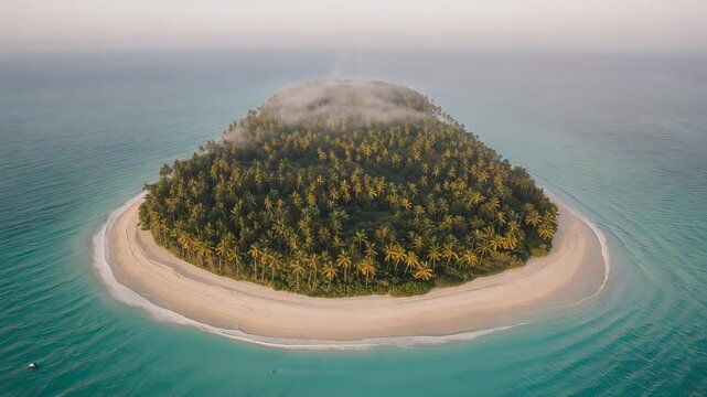 Drone starting descent revealing round tropical island at sea to film palm canopy cloud boat shadow