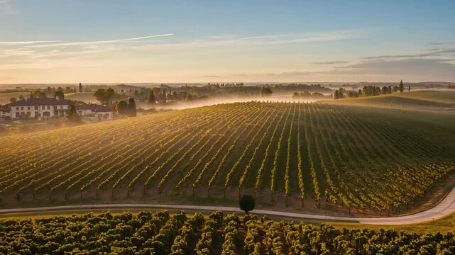 Gliding drone revealing vine rows on rolling hills at sunrise, with dirt road, farmhouse, mist