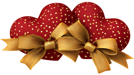 Three red hearts with gold polka dots and bows on transparent background