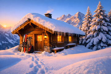 Cozy wooden ski chalet covered in snow at sunset