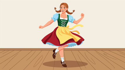 Vector illustration of a German woman practicing traditional folk dance indoors, cultural movement activity expressing heritage, rhythm, and classic European lifestyle