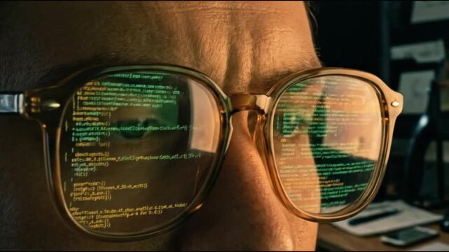 Closeup of a persons face wearing glasses with lines of bright green and yellow code reflected on the lenses Reflections show digital information on transparent surfaces