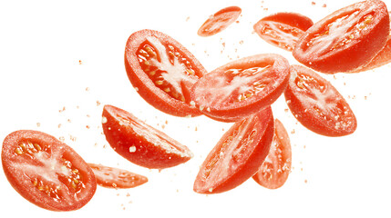 Sliced tomatoes falling through the air isolated on transparent background