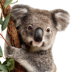 Koala on eucalyptus branch in cute expression with soft natural lighting on white background for wildlife conservation
