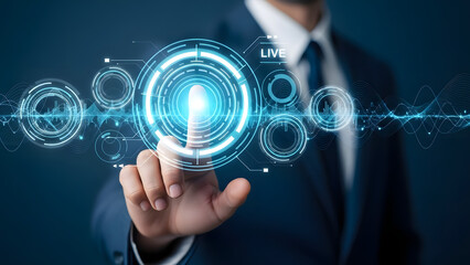 Businessman's hand interacting with a futuristic virtual screen, highlighting advanced digital technology and innovative data management solutions in a modern business environment