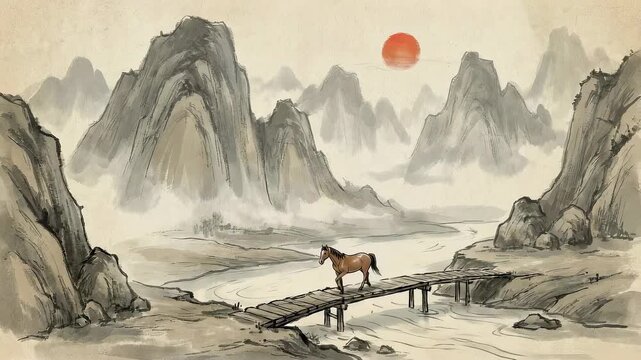 A horse walking across a wooden bridge in a traditional chinese landscape painting with mountains and a red sun.