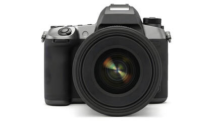 Fototapeta premium Black digital camera isolated on transparent background with lens facing forward directly