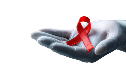 Gloved hand holding red awareness ribbon