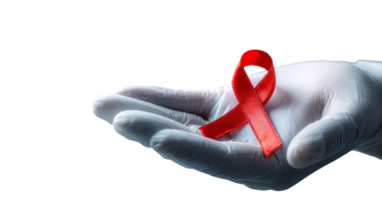 Gloved hand holding red awareness ribbon