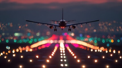 Vacation travel trip journey in holiday season. An airplane taking off from an airport runway at twilight, illuminated by the soft glow of the city lights below. The sky is painted in hues of pink.