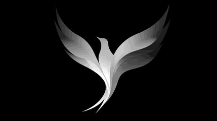 Abstract elegant white bird flying upwards, modern stylized dove or phoenix with geometric wings on black background