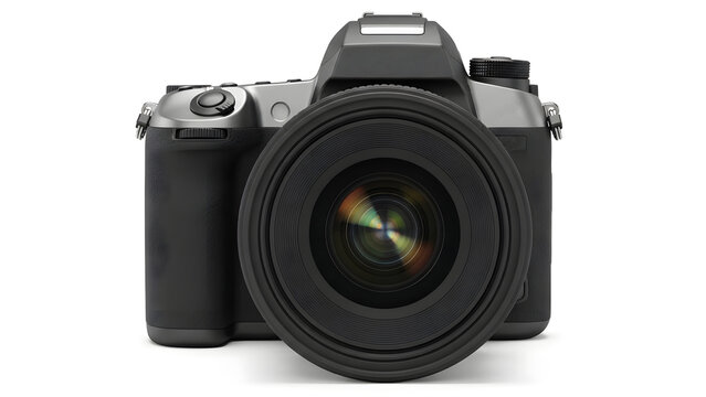 Black digital camera isolated on transparent background with lens facing forward directly