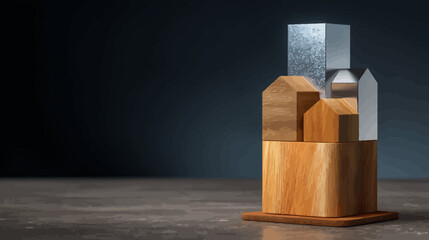 Minimalist abstract cityscape model crafted from geometric wooden and metallic blocks, symbolizing urban development and future architecture.