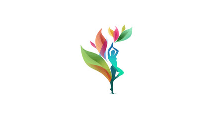 Stylized yoga person in tree pose with vibrant colorful leaves, symbolizing nature, wellness, balance, spiritual harmony, and growth