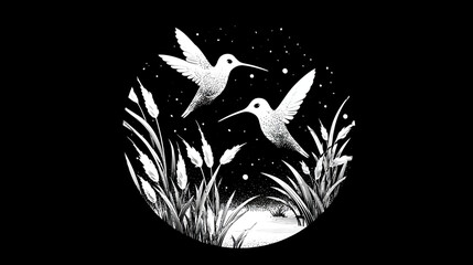 Graceful black and white illustration featuring two hummingbirds flying over a peaceful pond with tall marsh plants at night