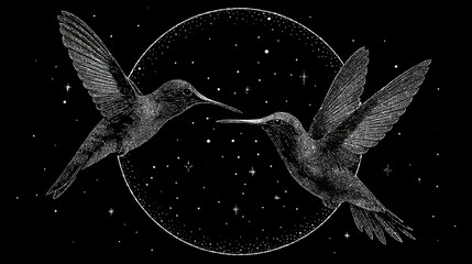 Two elegant hummingbirds in a detailed etched style, facing each other against a starry cosmic circle on a dark background. Mystical wildlife illustration.
