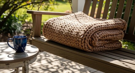 Folded chunky knit blanket and steaming coffee mug, warm and cozy, autumn relaxation concept on wooden porch swing