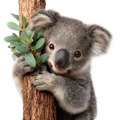 Adorable koala in cute expression with soft natural lighting on white background for wildlife conservation