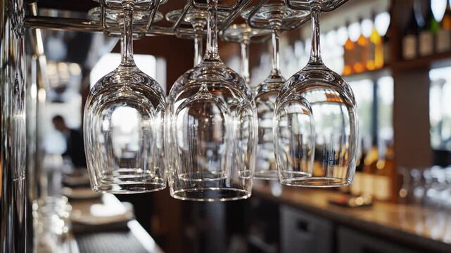 Empty wine glasses hanging in a bar with blurred background, sparkling light