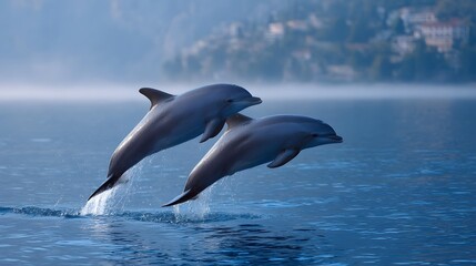 Two dolphins leap in synchronization from the blue ocean waves under a misty coastal morning light