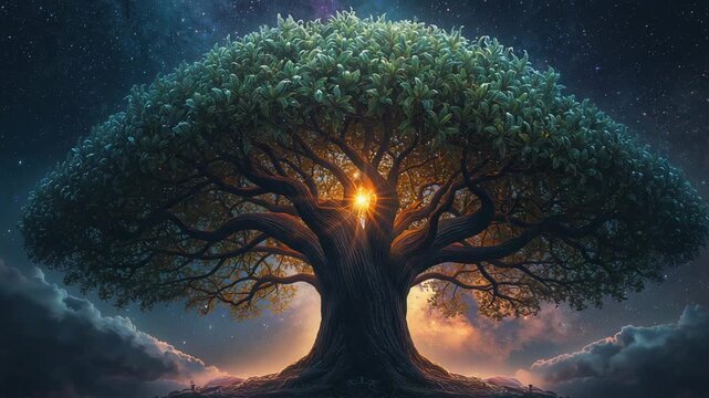 Pulsing golden core within ancient tree brightening canopy on rise under starry sky, lighting roots