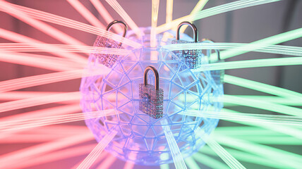 Secured global network represented by a transparent sphere adorned with padlocks, radiating colorful energy lines, symbolizing data security, protection, and encryption in digital space