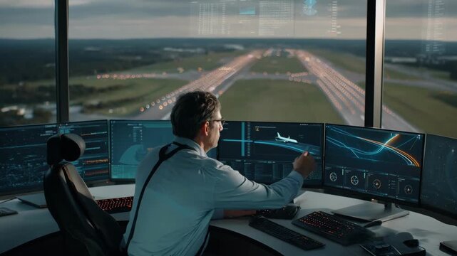 Medium shot of an air traffic controller monitoring digital screens displaying AIpowered predictive flight path optimizations in a modern control tower.