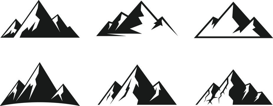 Mountain logo set, minimalist peak silhouettes, outdoor adventure emblem, nature landscape icons, hiking symbol collection, alpine illustration graphic design