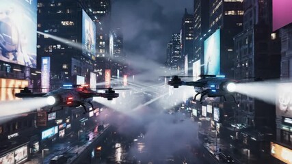 Futuristic Drones Navigate Neon Cityscape at Night, AI Surveillance Technology - Powered by Adobe