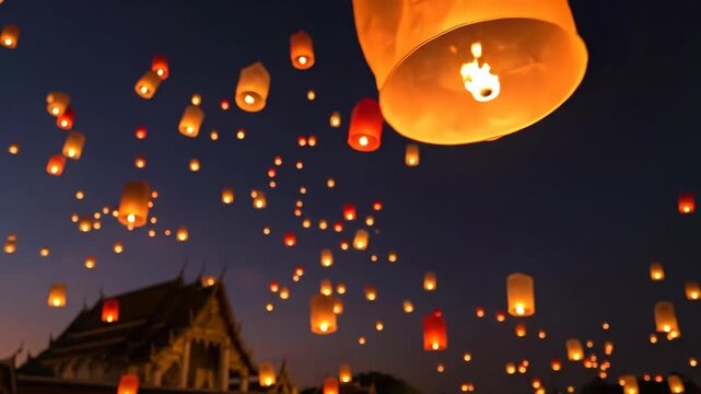 Colorful Sky Filled with Floating Lanterns at Night Near a Traditional Temple During a Festival