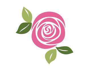 Simple Pink Rose Flower Vector Icon with Green Leaves