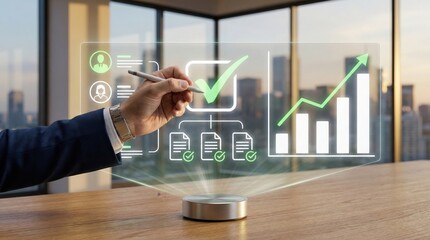 Hand using digital pen with holographic screen in modern office,showing analytics chart,profile verification and document management,technology and business concept